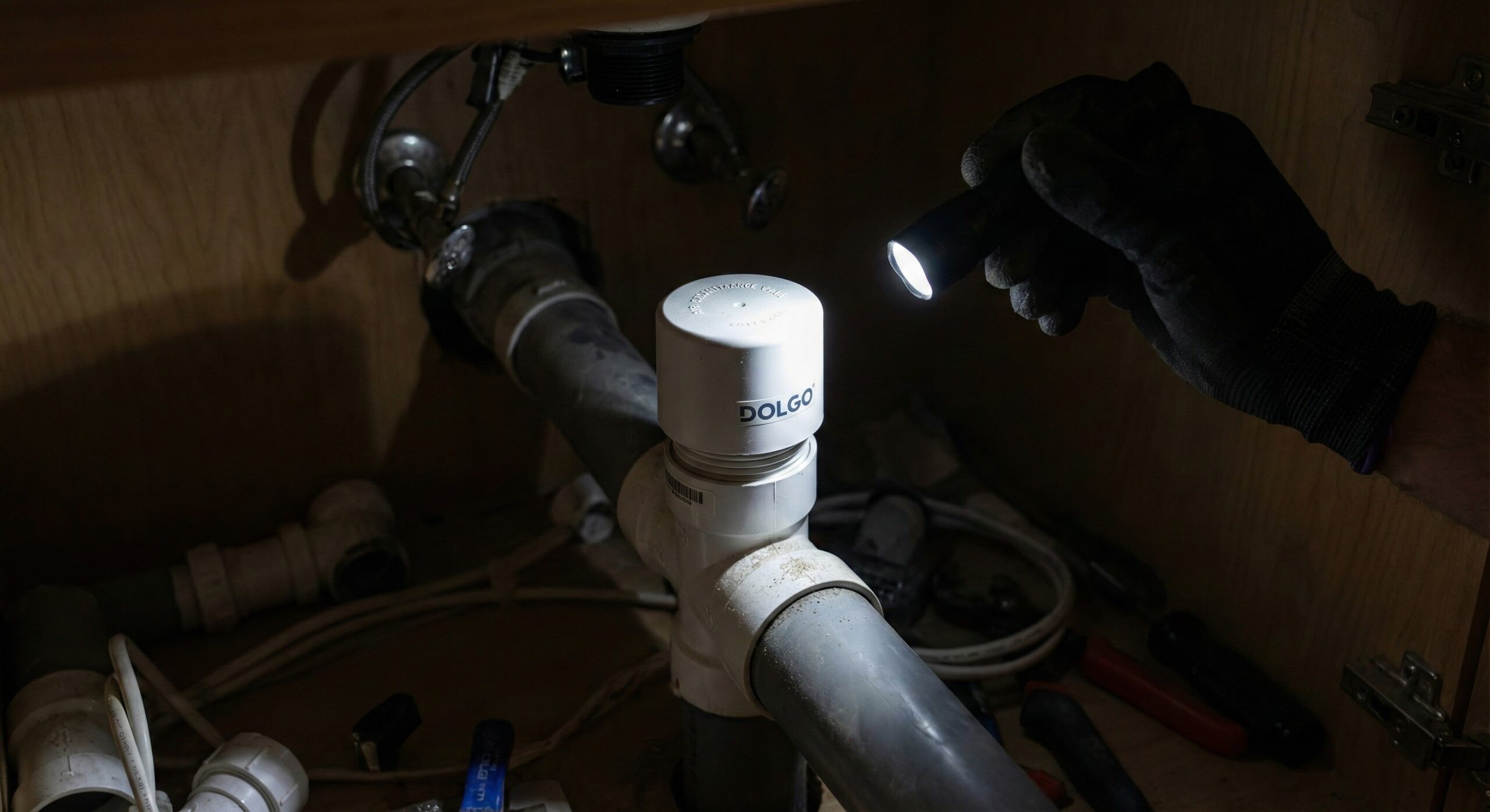 洗面台下の点検口にある通気弁の点検イメージ