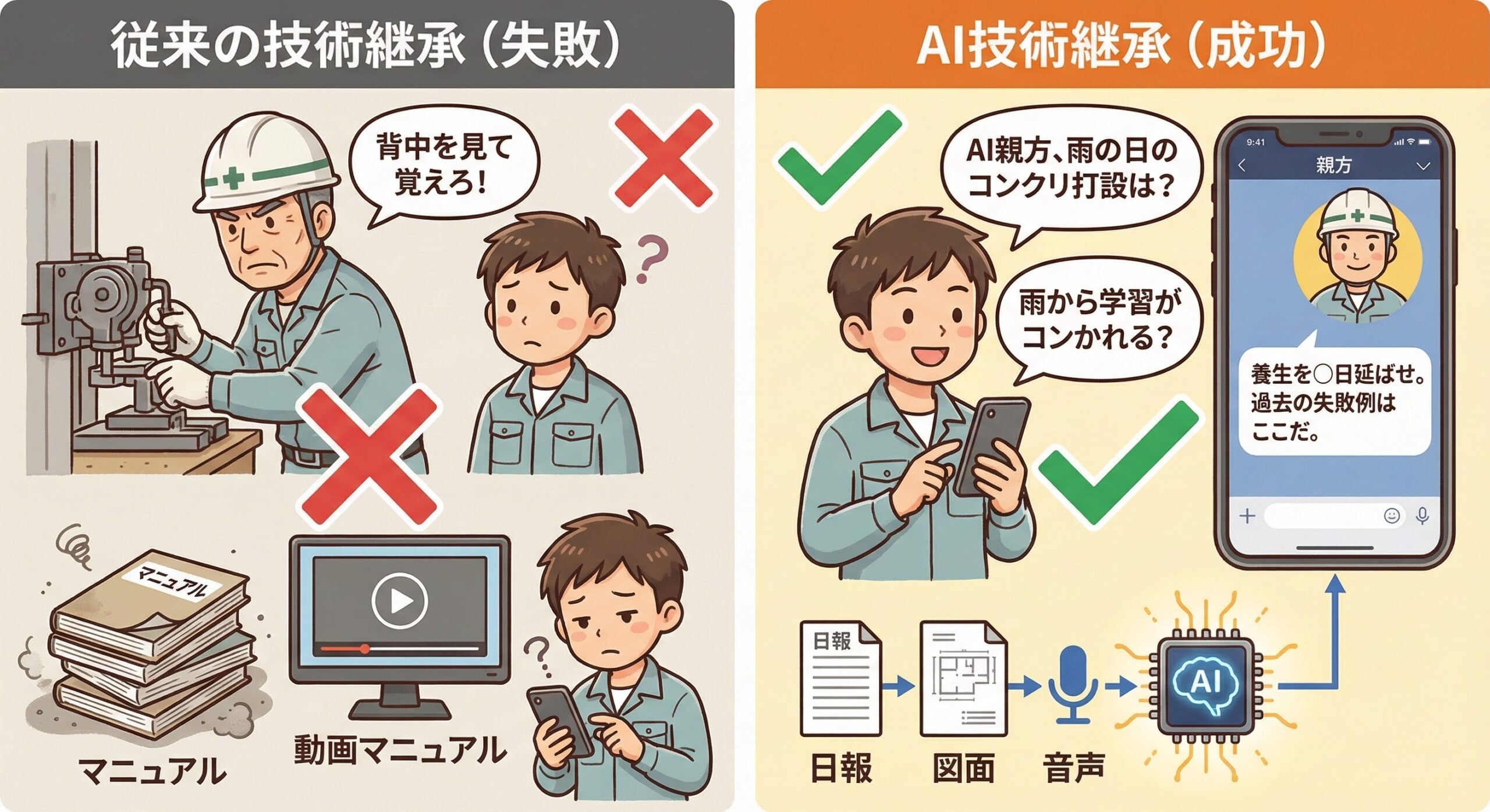 従来の技術継承の失敗とAIによる対話型技術継承の成功を示すイラスト