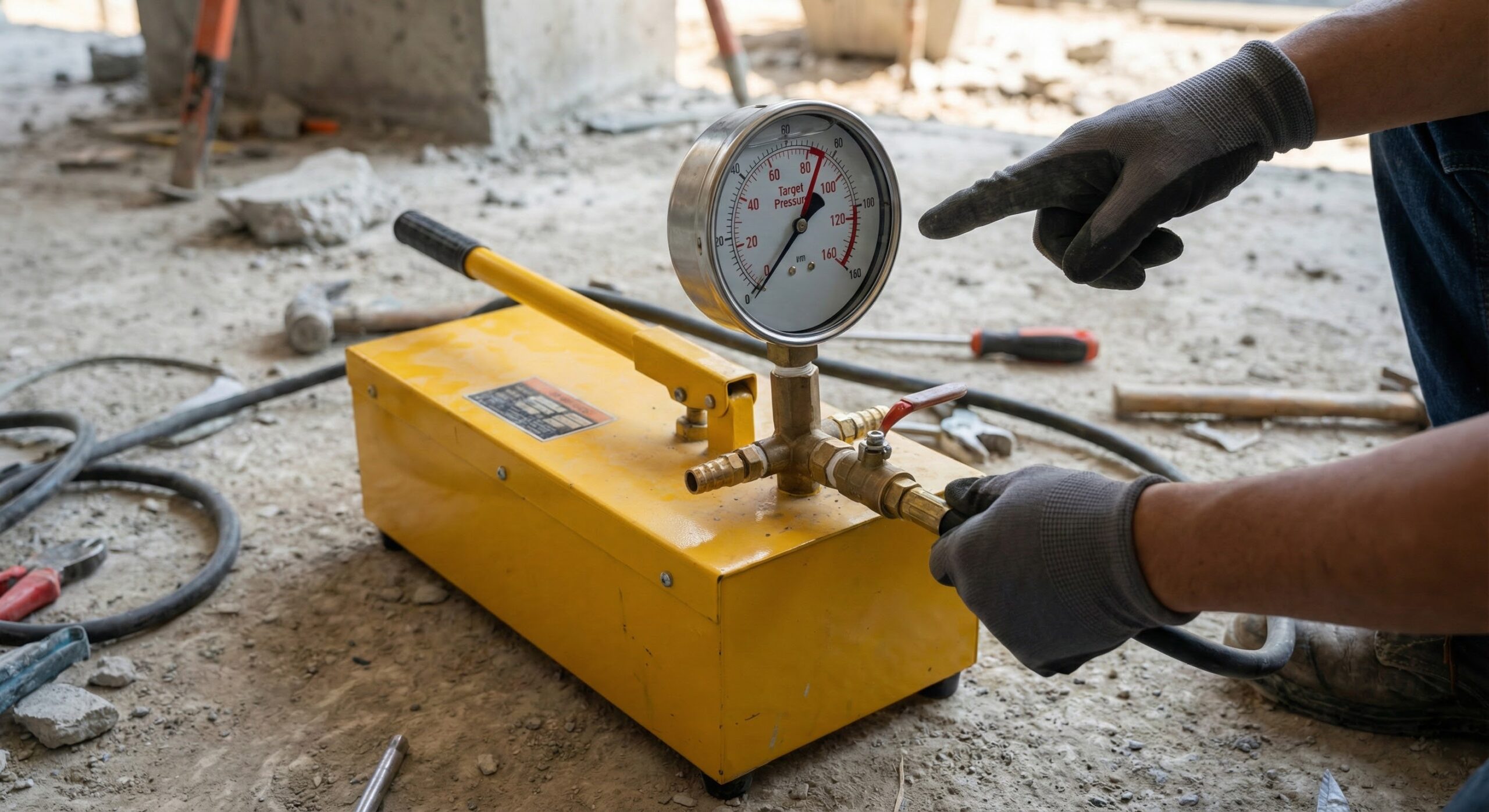 水圧テストポンプの圧力計を確認している様子