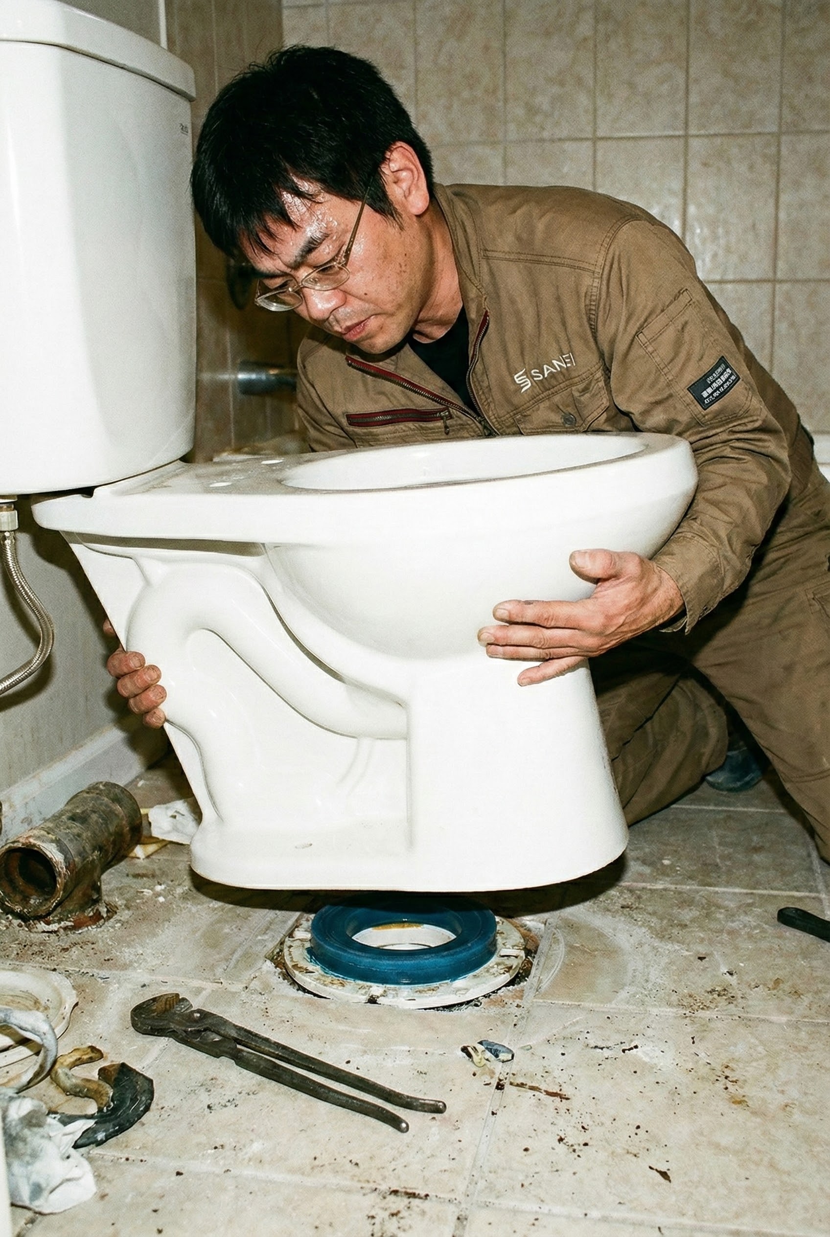 便器のパテ（ガスケット）は「ボルトで潰す」と割れます。漏水しない「体重圧着」のコツ