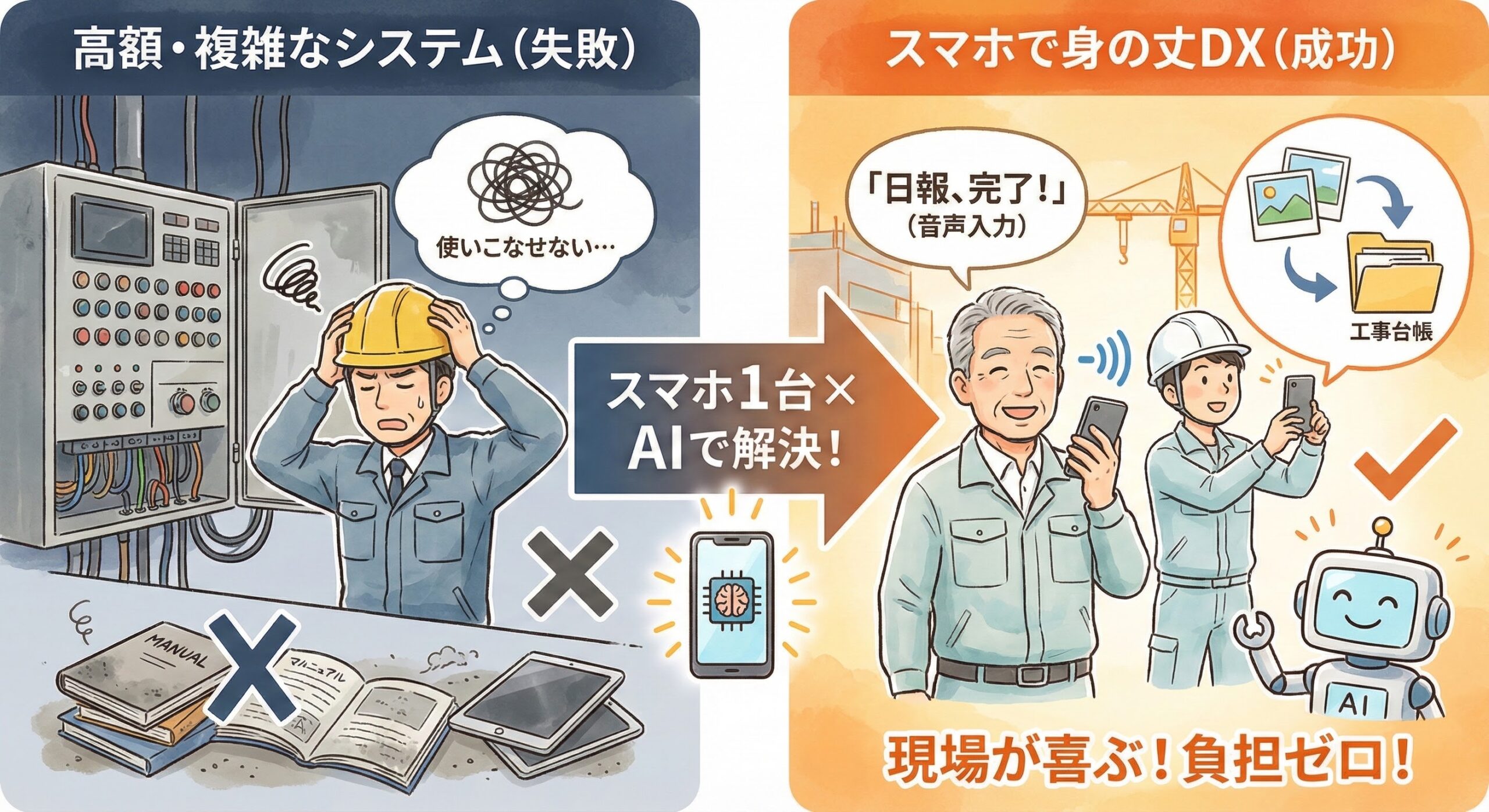 高額で複雑なシステム導入の失敗と、スマホとAIを活用した成功する身の丈DXの比較インフォグラフィック