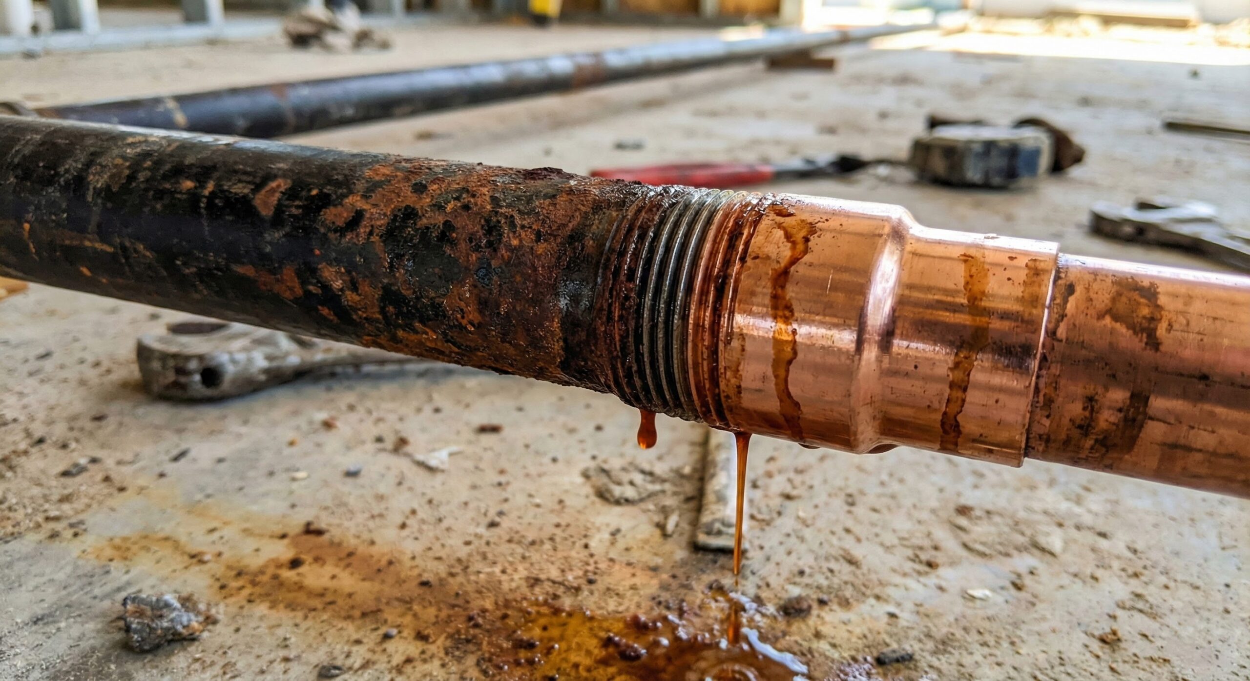 鉄管と銅管の直結部から赤錆が発生している失敗例