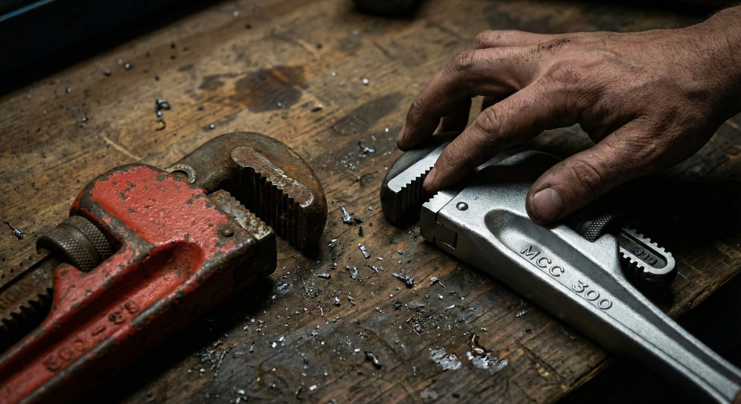 安物と高級パイプレンチの比較イメージ