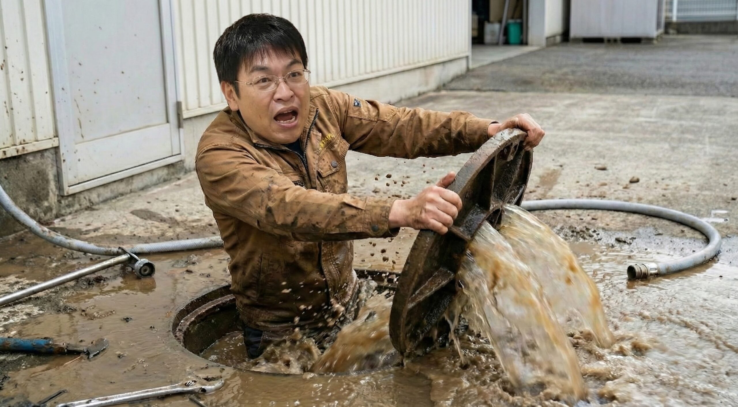 排水枡から汚水が噴き出し逆流している緊急事態の現場