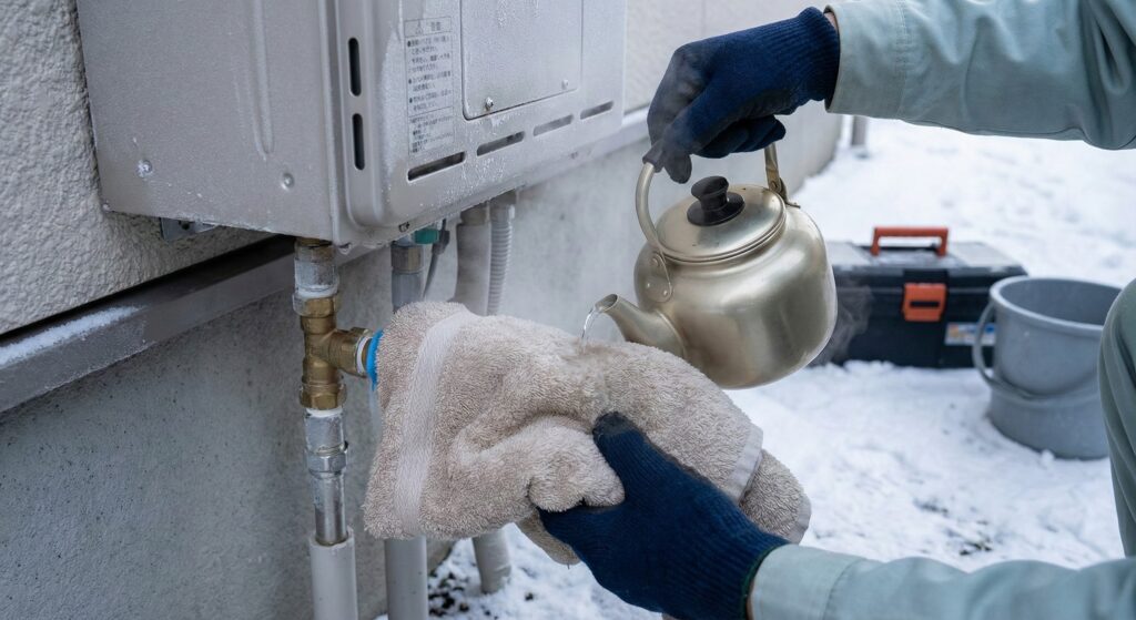 【緊急】冬の朝、給湯器が凍結！「熱湯」をかけると配管が割れます。正しい解凍手順