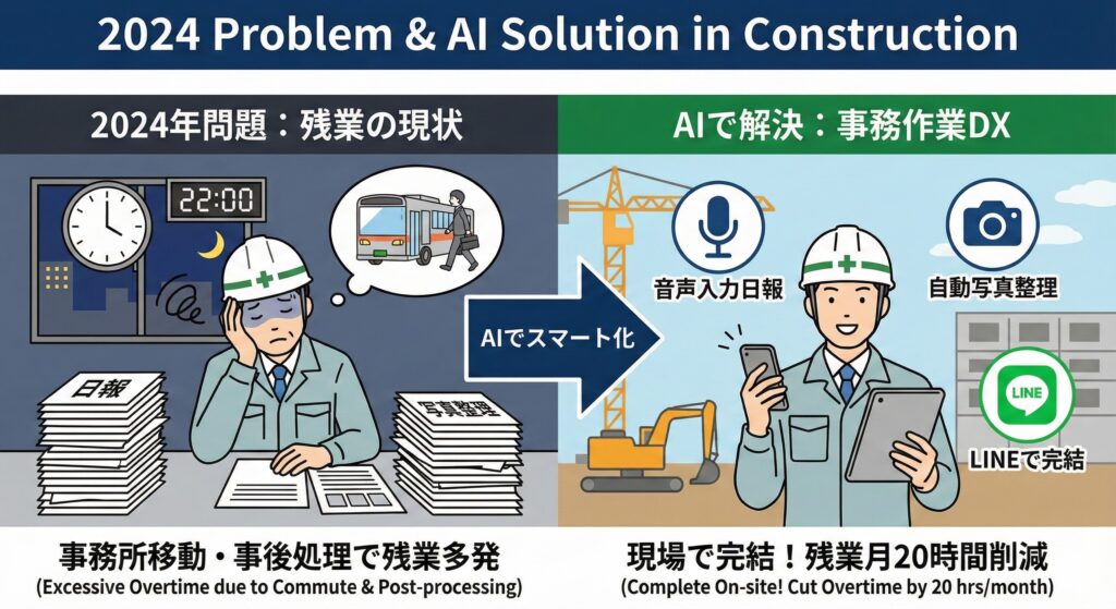 2025年最新】建設業の「2024年問題」はAIで解決できるか？残業時間を月20時間減らす”事務作業DX”の全貌