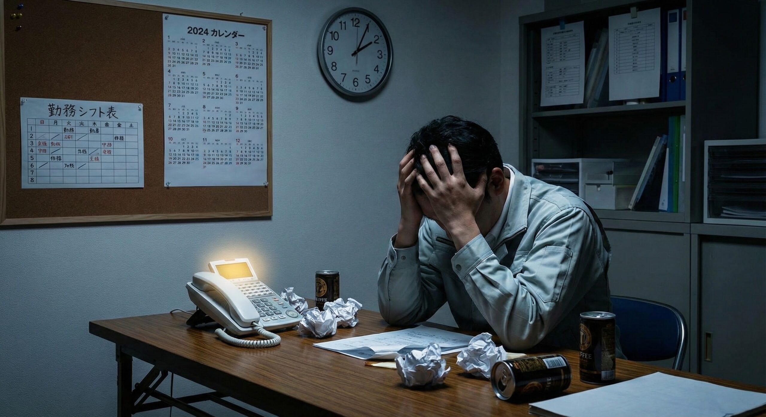 深夜の事務所で緊急対応電話に悩む管理者