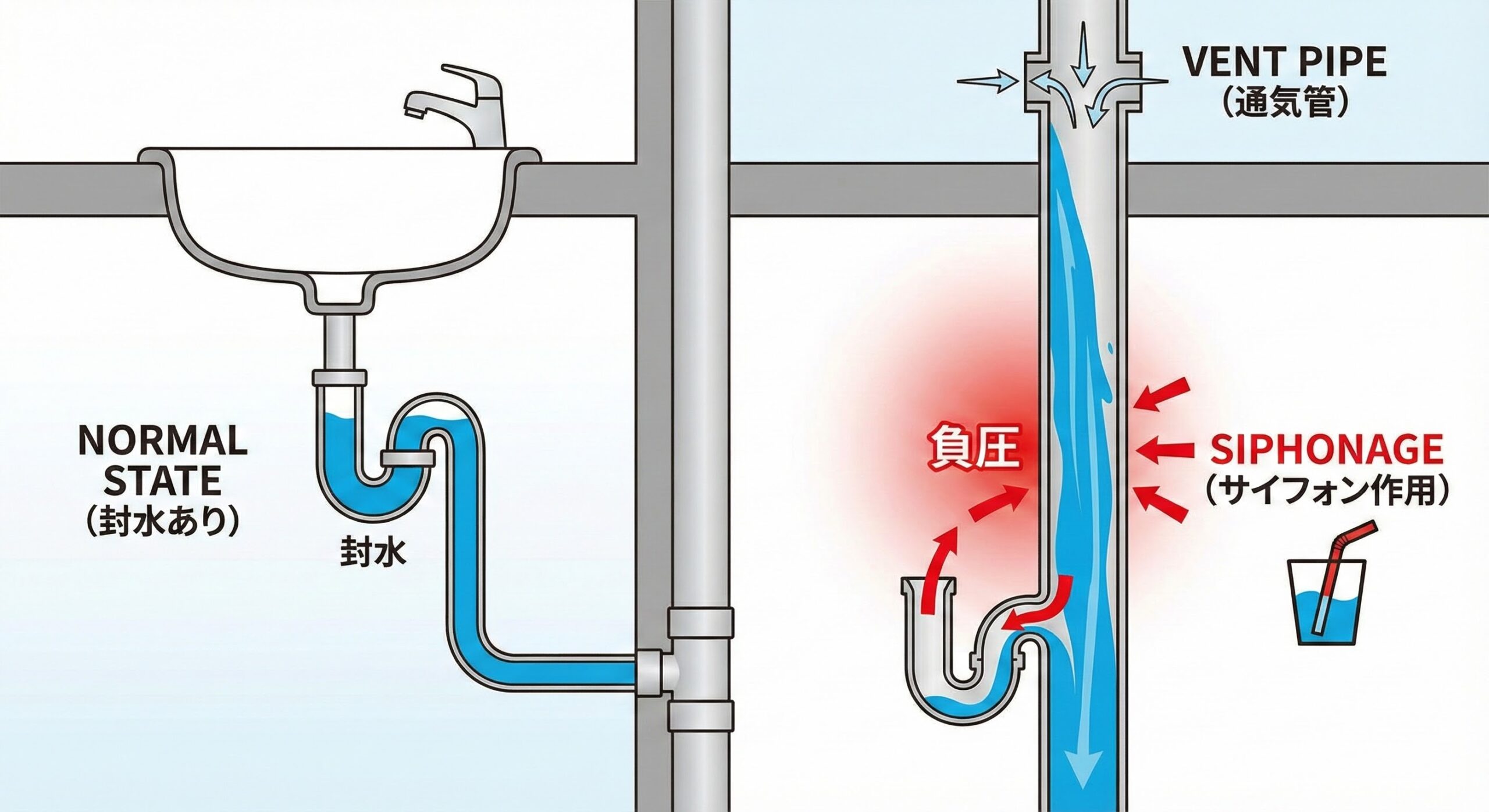 通気管とサイフォン現象による破封の仕組み図解