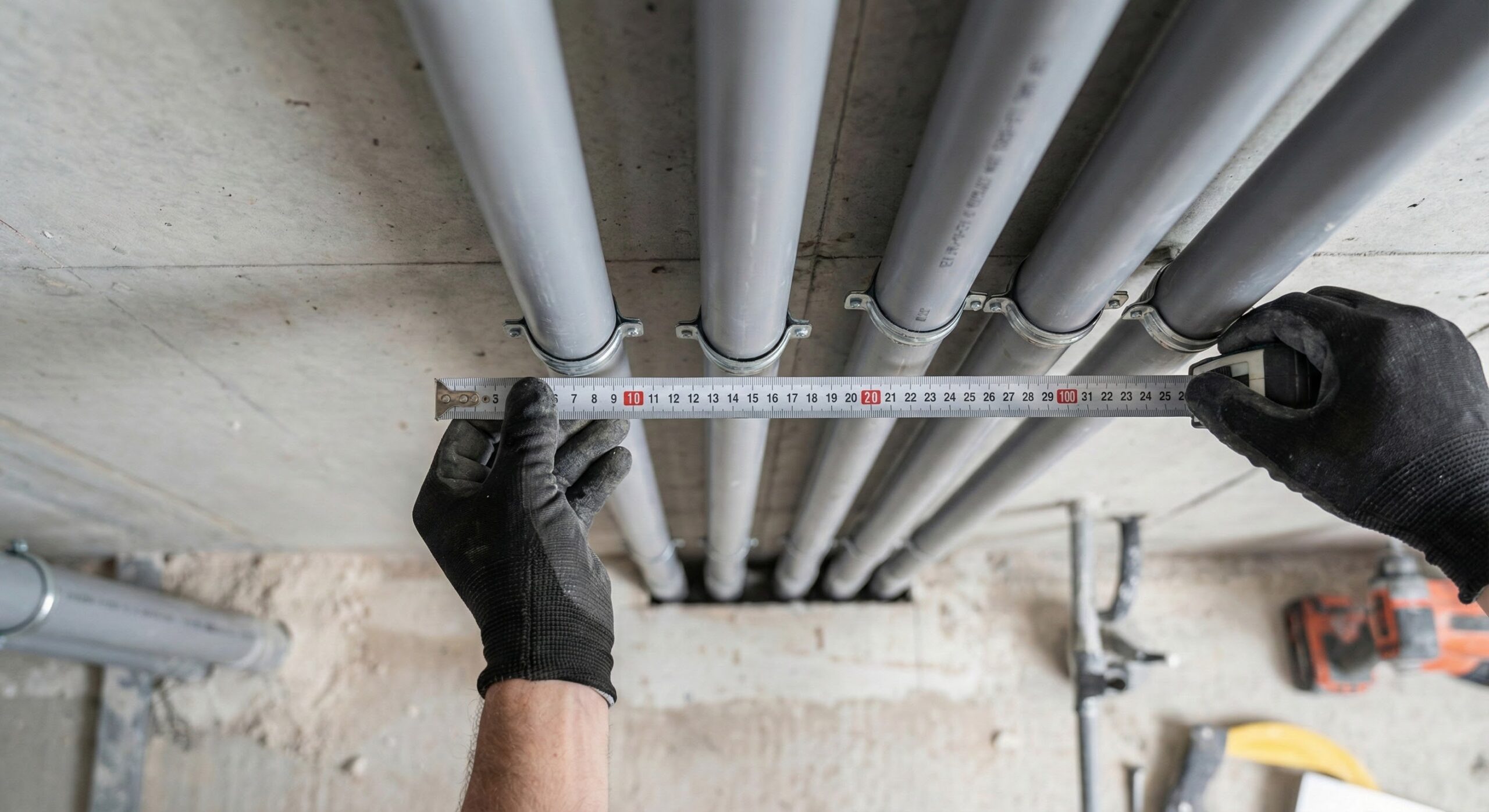 配管の支持間隔をメジャーで計測している様子