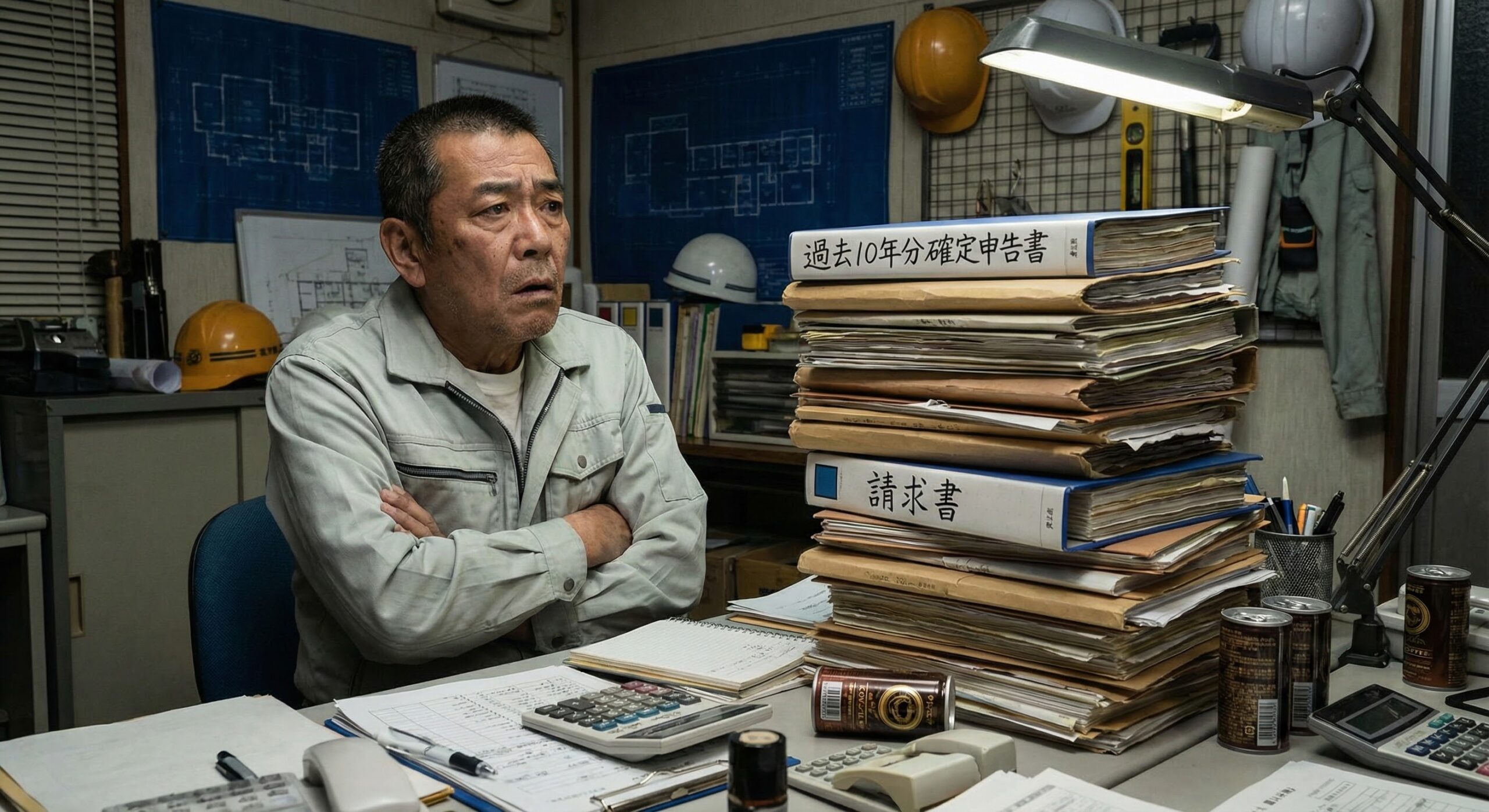 書類の山と格闘する社長のイメージ