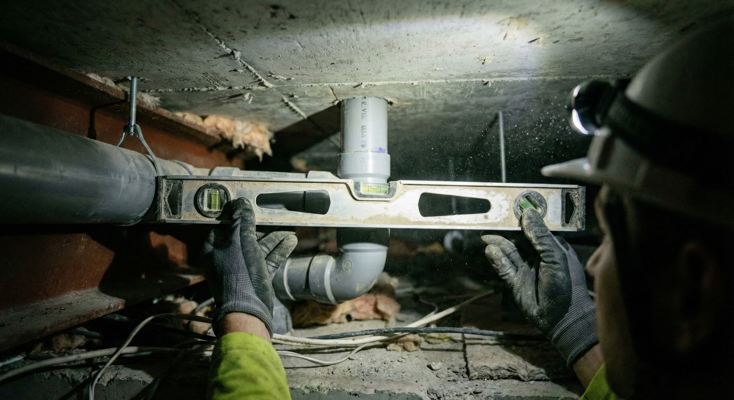 天井裏の狭いスペースで排水勾配を確認する様子