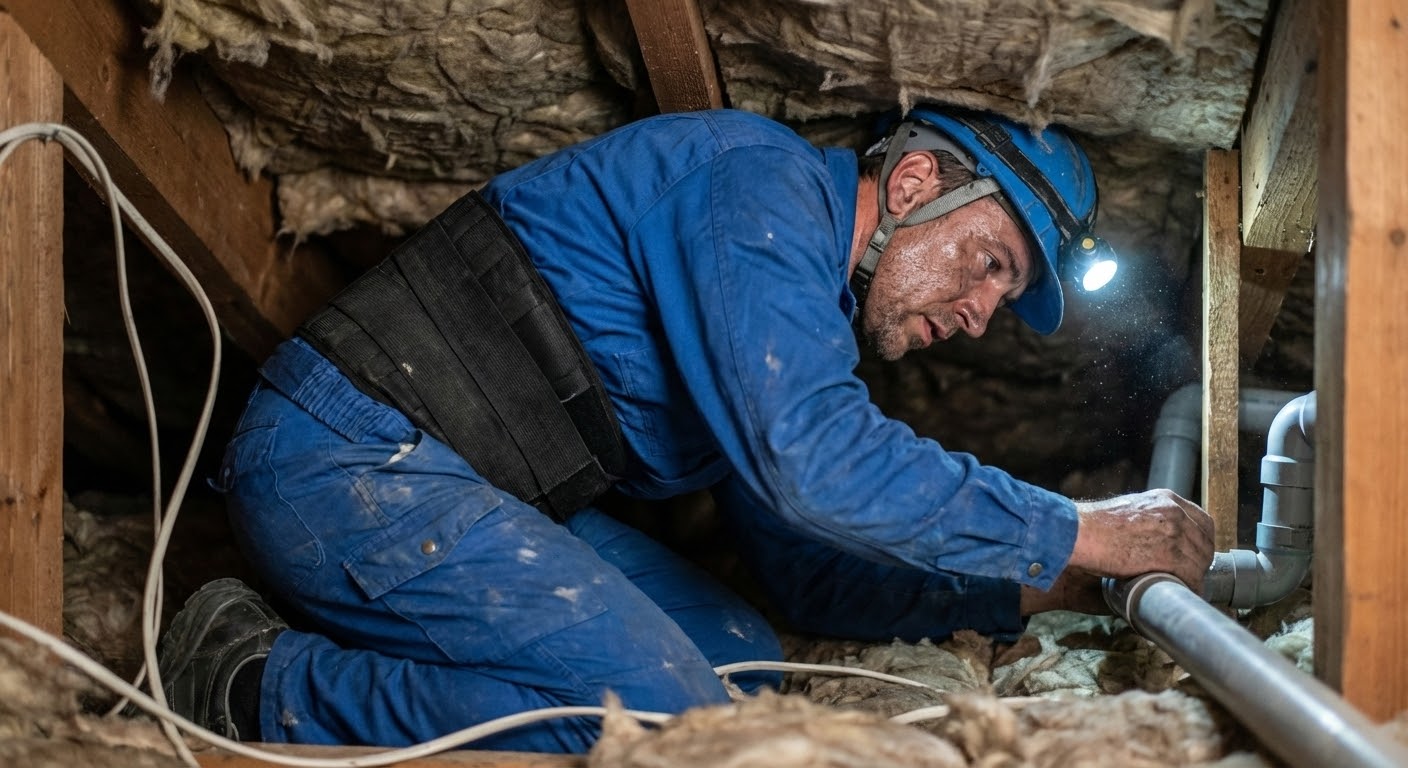 天井裏作業で腰用サポーターを使用している職人