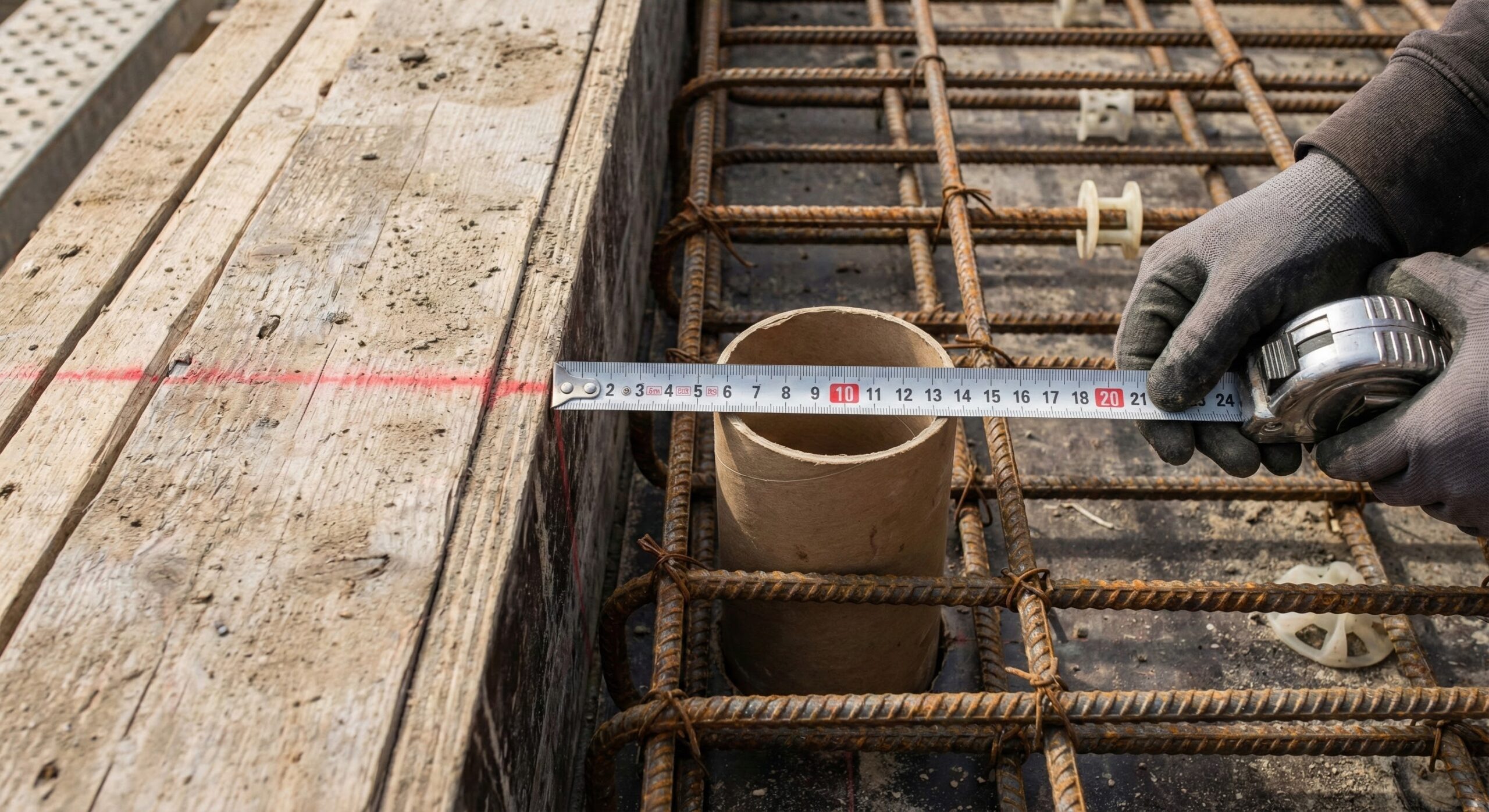 配筋検査でスリーブ位置のズレを確認している様子