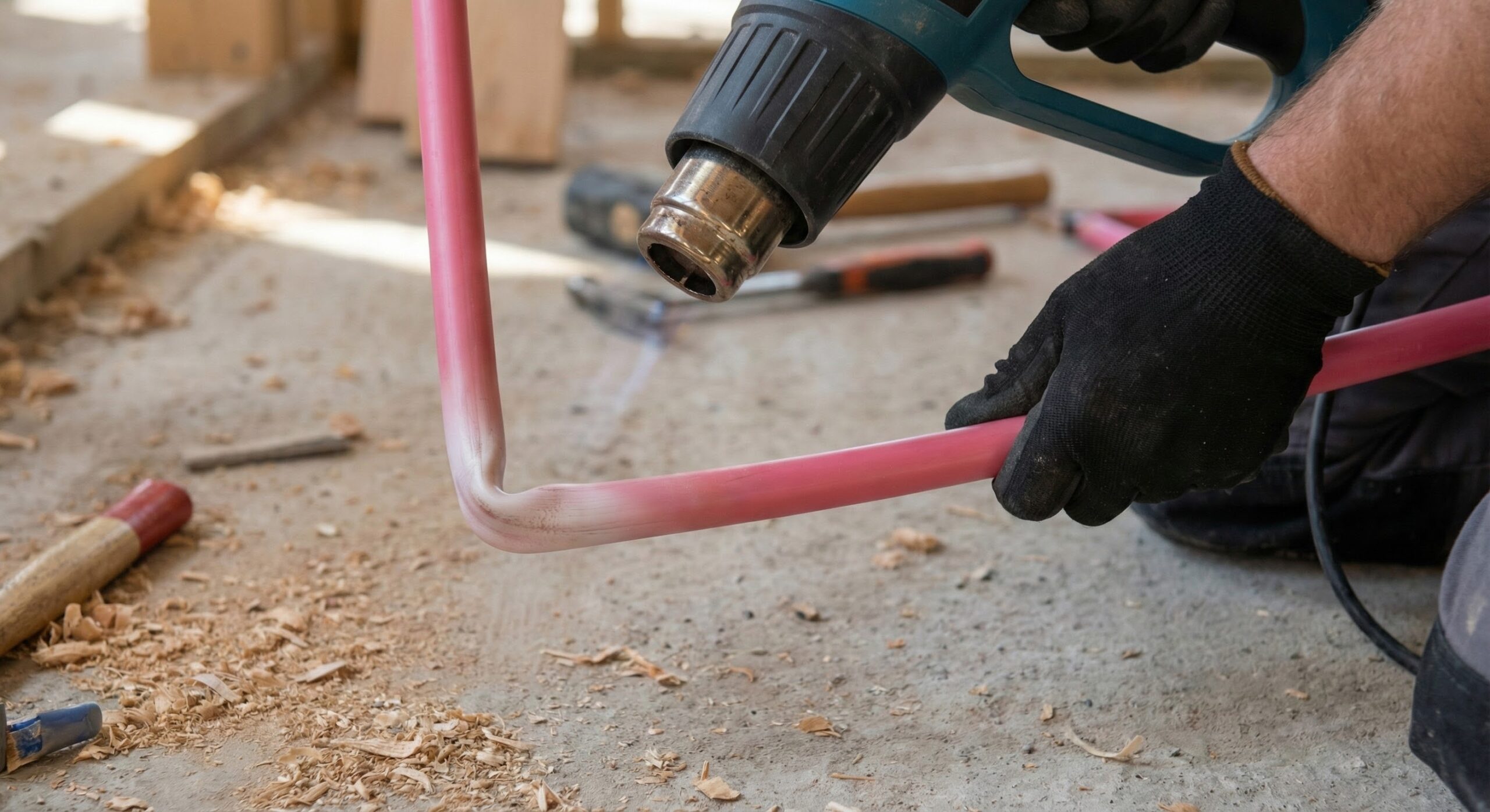 架橋ポリエチレン管の座屈部分をヒートガンで補修している様子