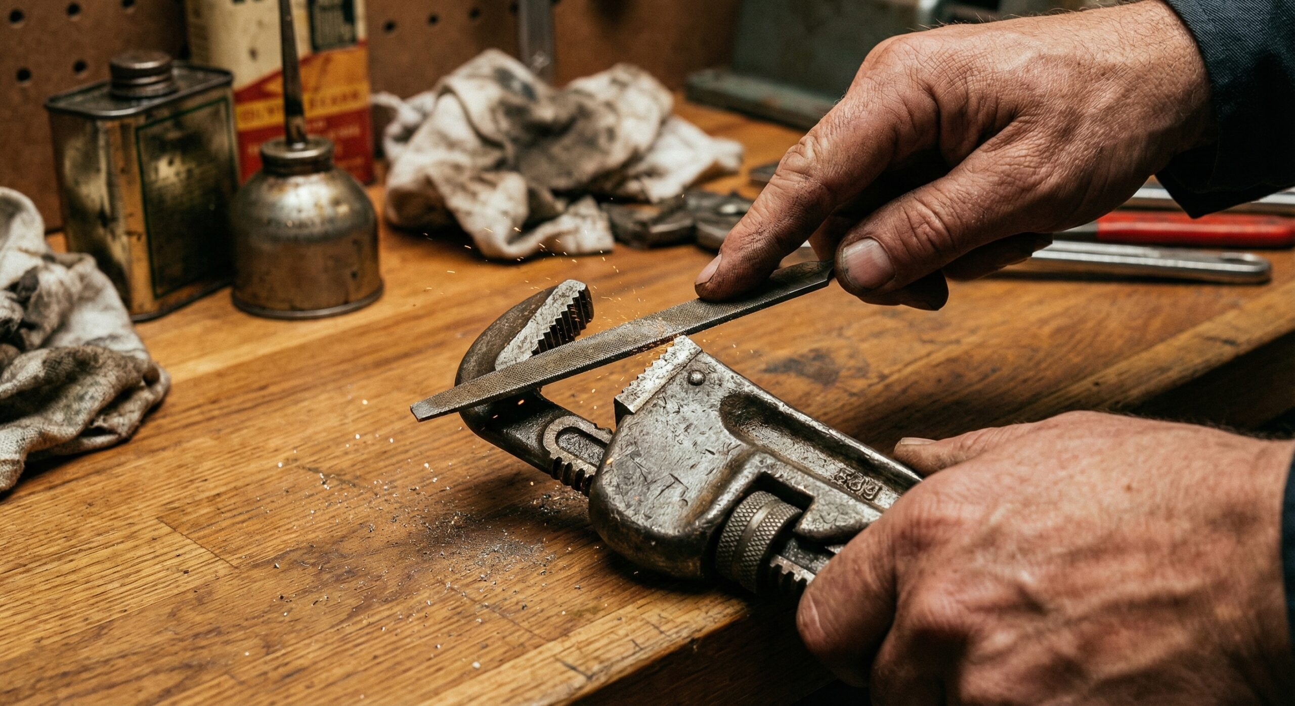 パイプレンチを目立てする職人の手元