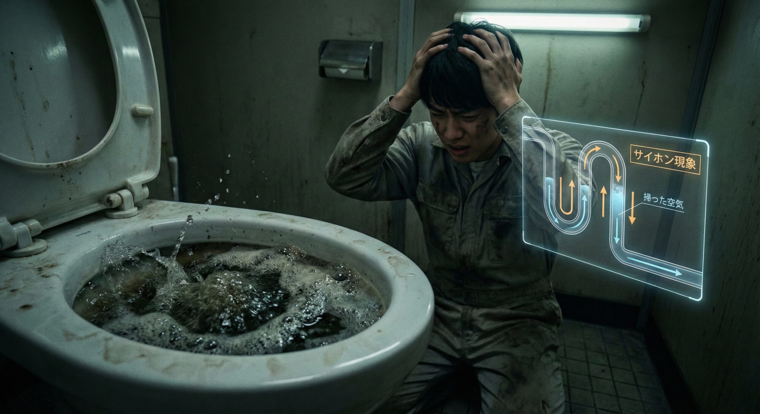 ゴボゴボ音を立てるトイレと配管サイホン現象のイメージ