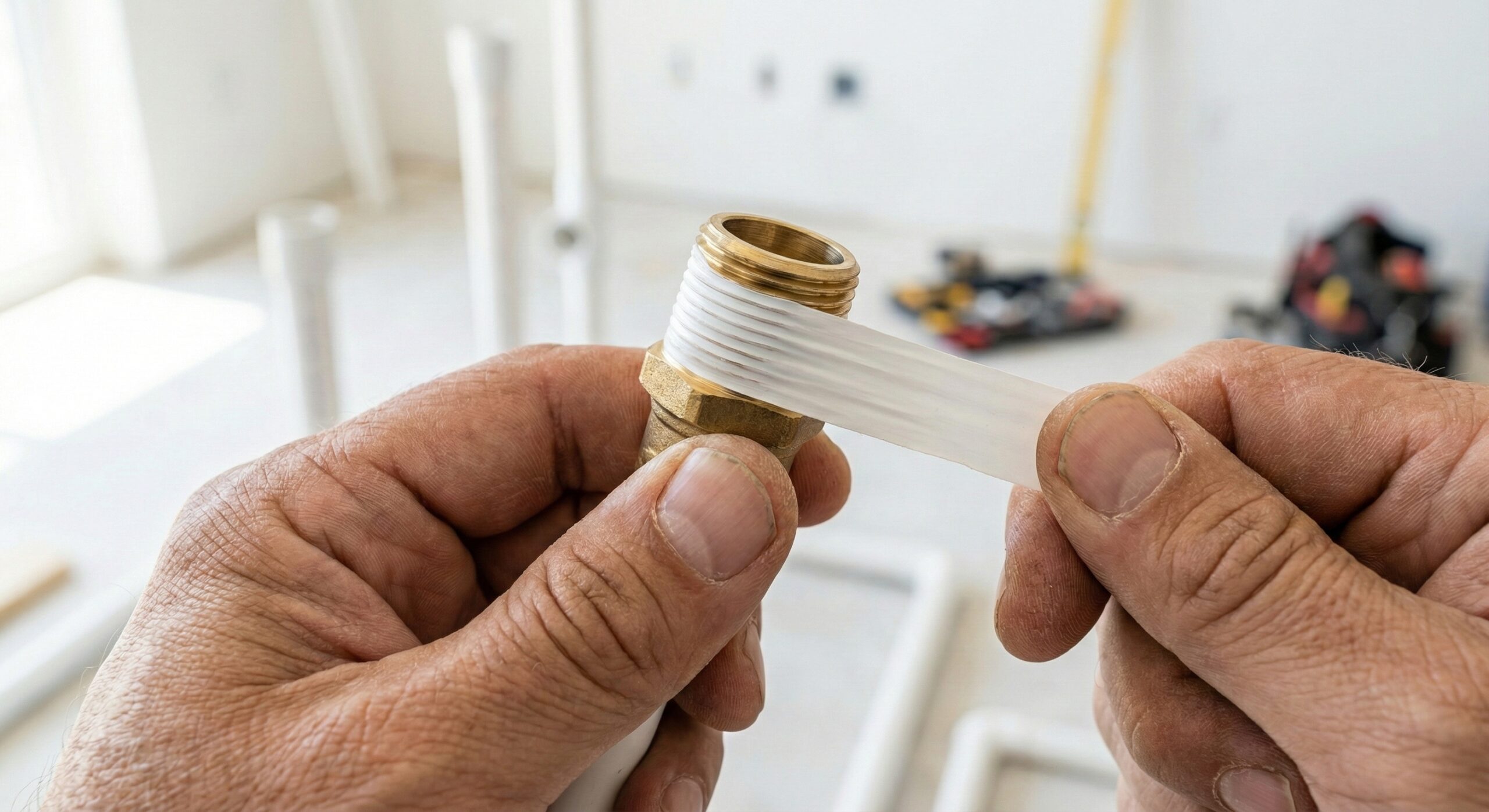 シールテープを巻く配管工の手元