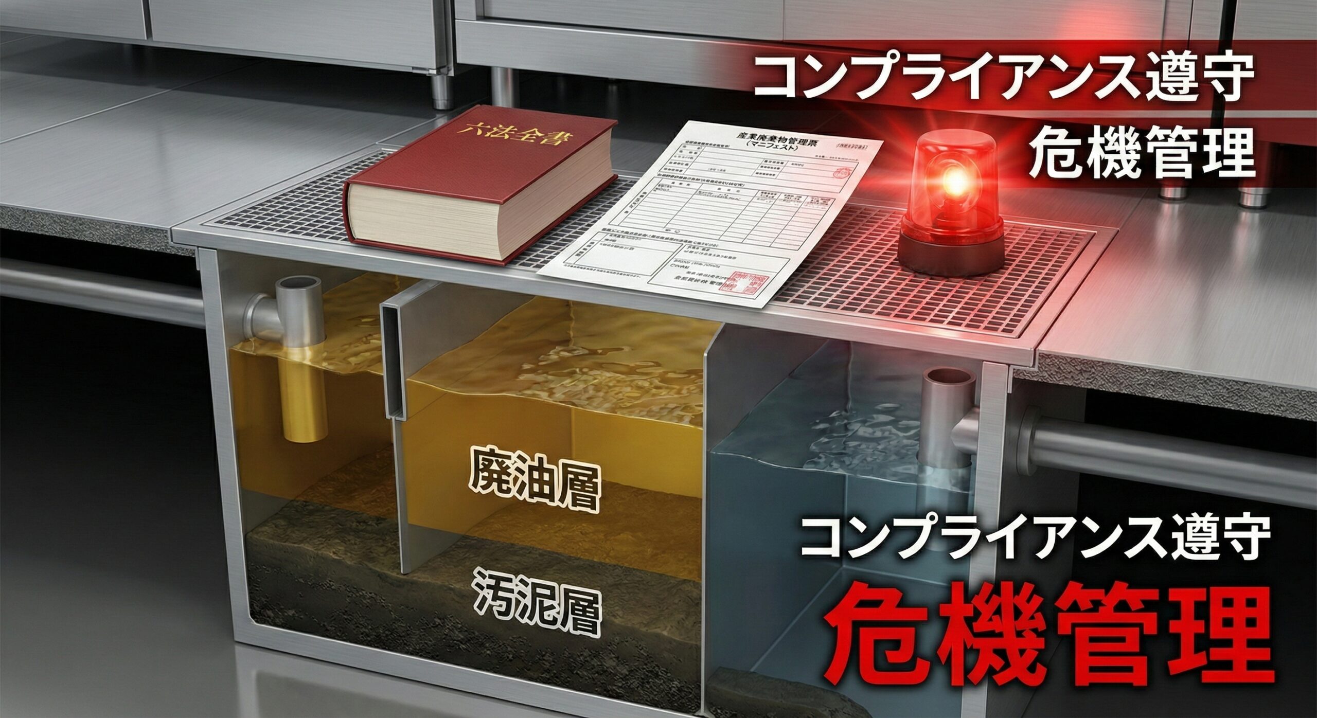 グリストラップと法律遵守のイメージ