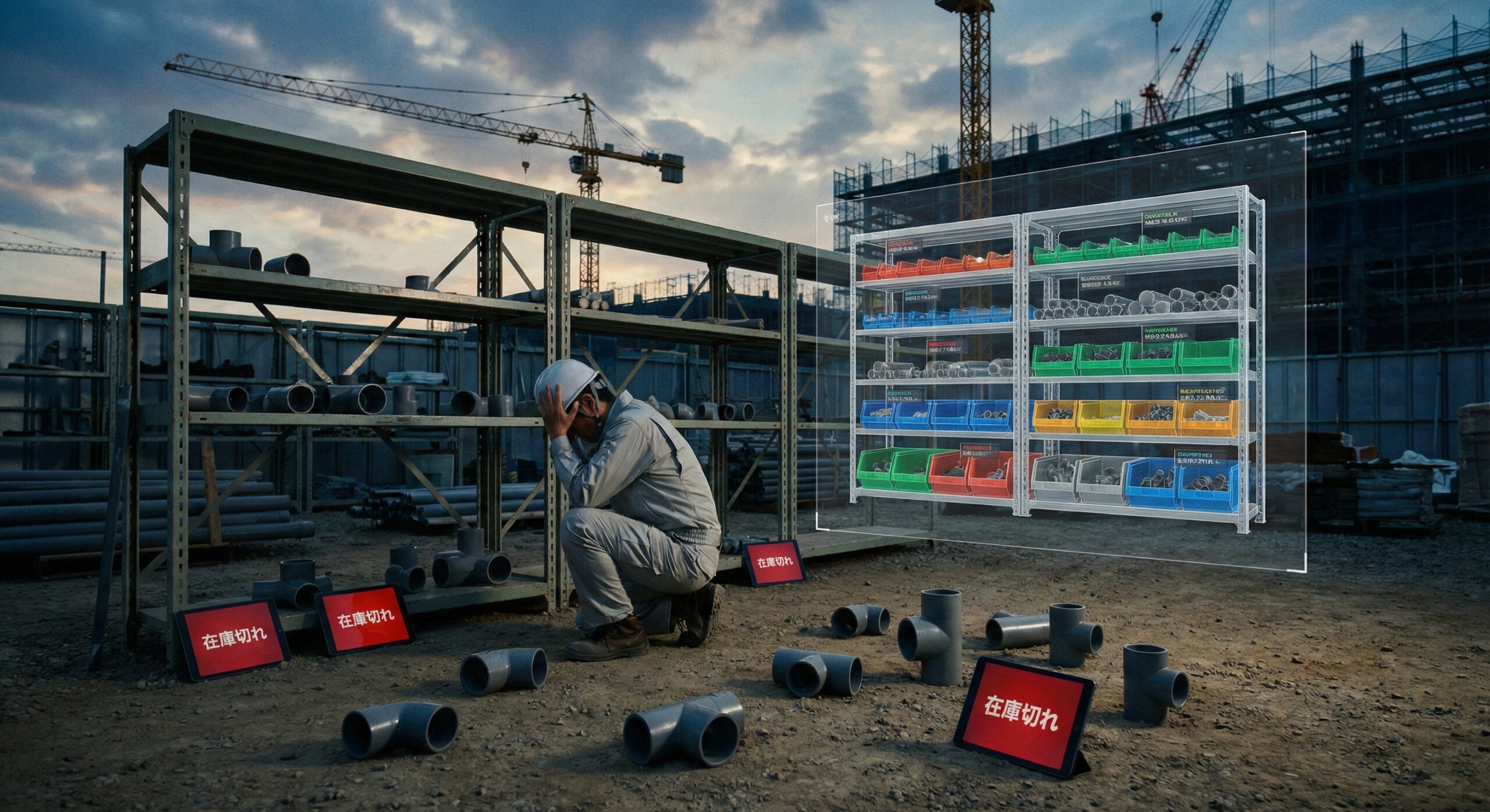 資材不足で頭を抱える現場監督のイメージ