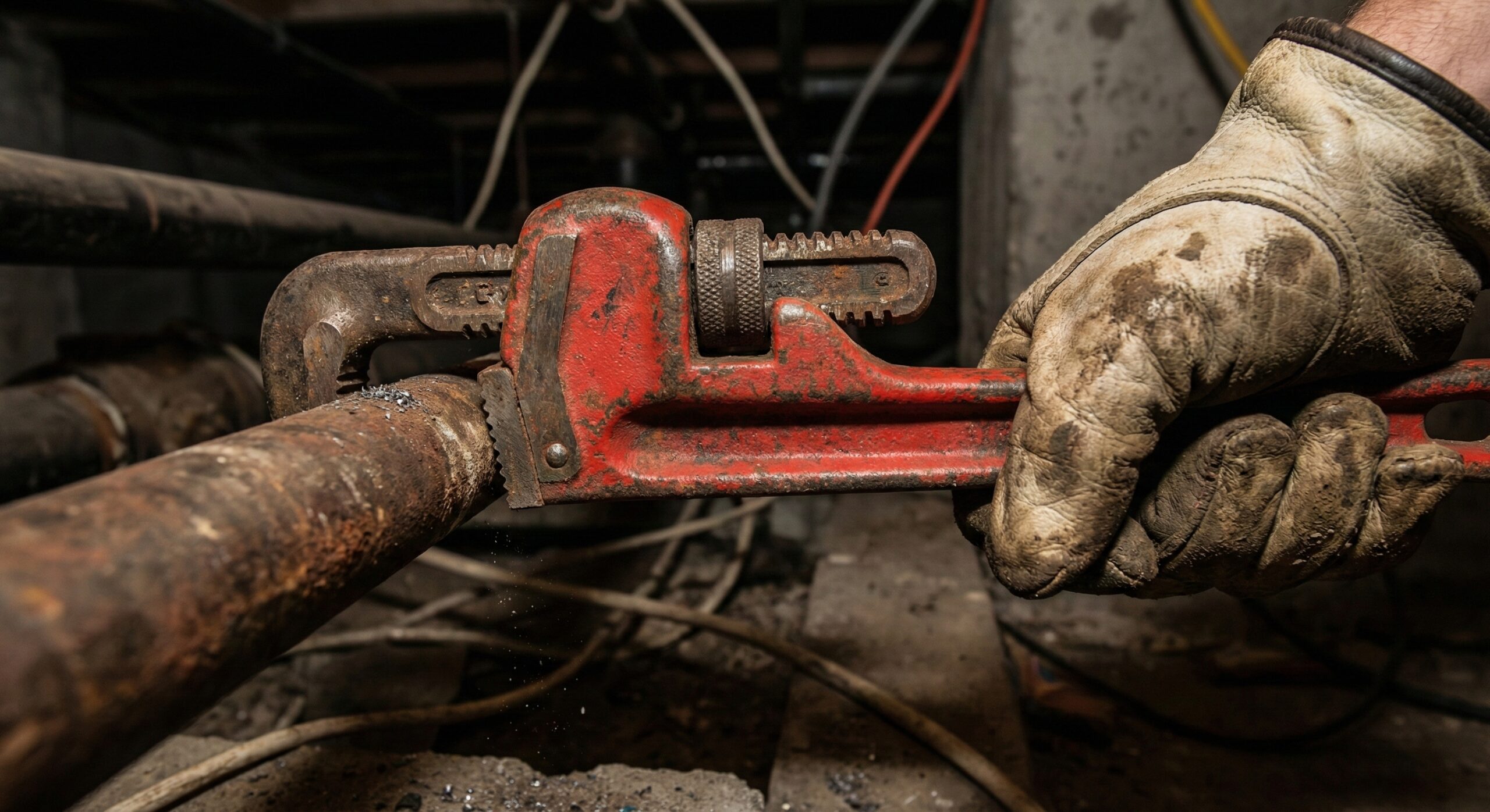 パイプレンチが配管をガッチリ噛んでいるクローズアップ画像