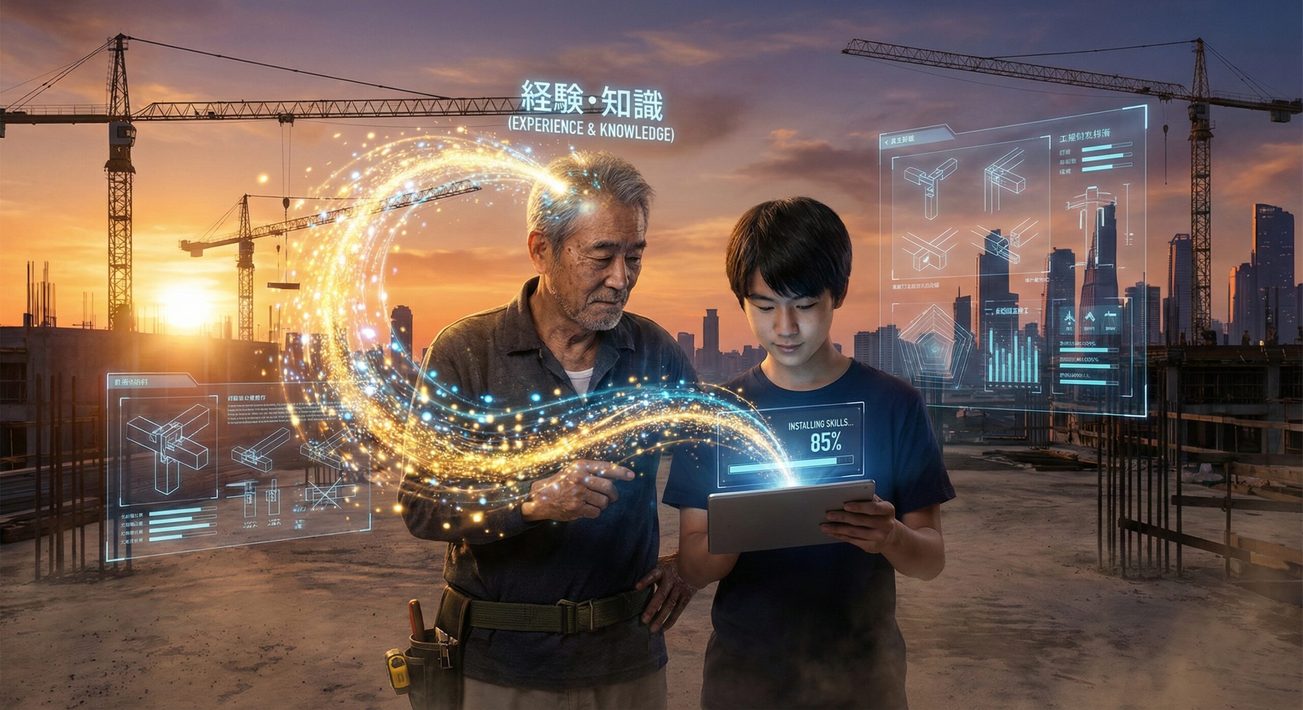 ベテラン職人の技術がデジタルデータとして若手に継承されるイメージ