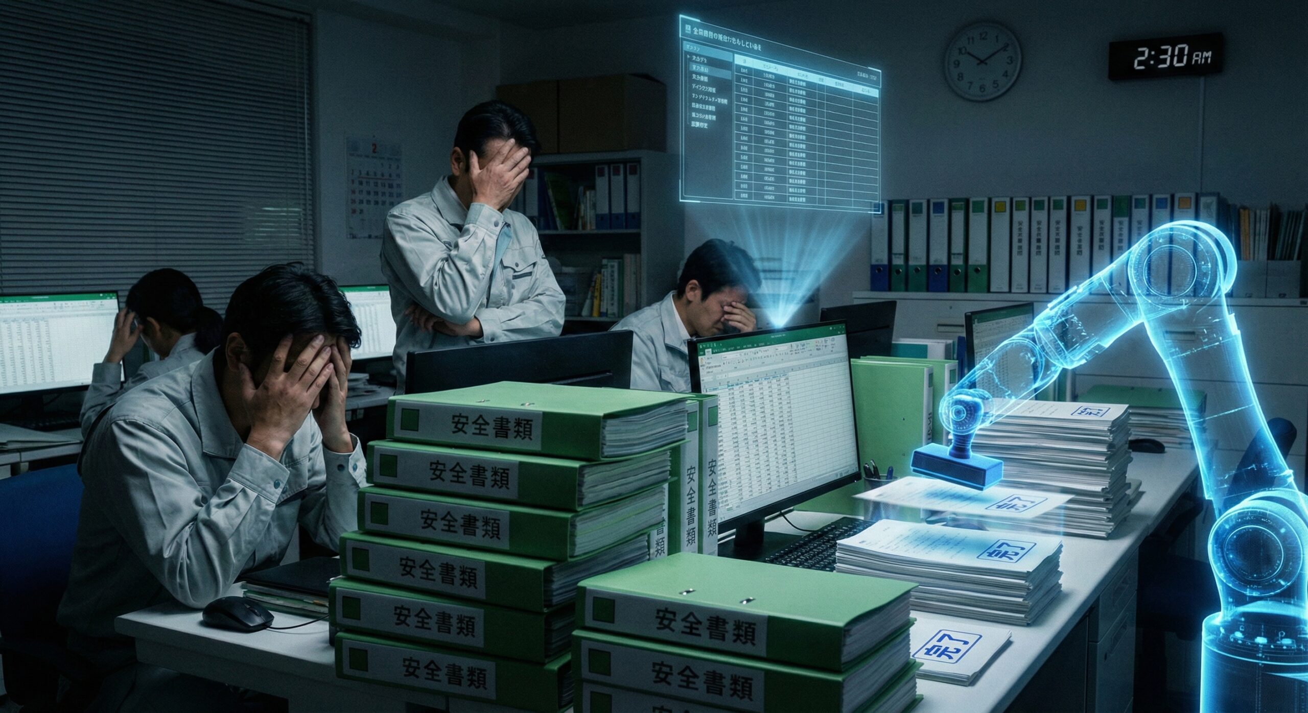 書類の山とAIによる自動化のイメージ