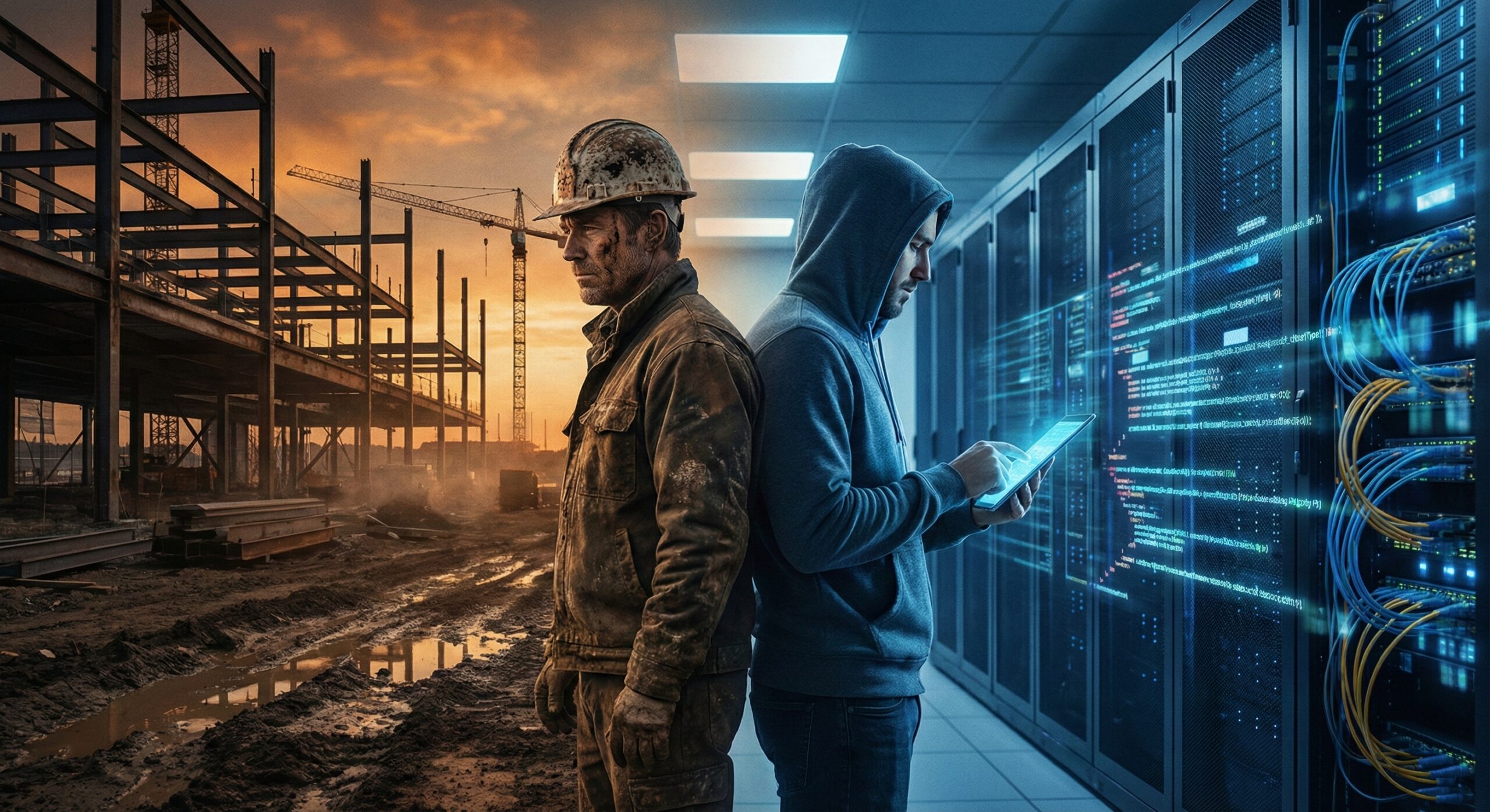 現場のヘルメットとAIの脳が融合するイメージ