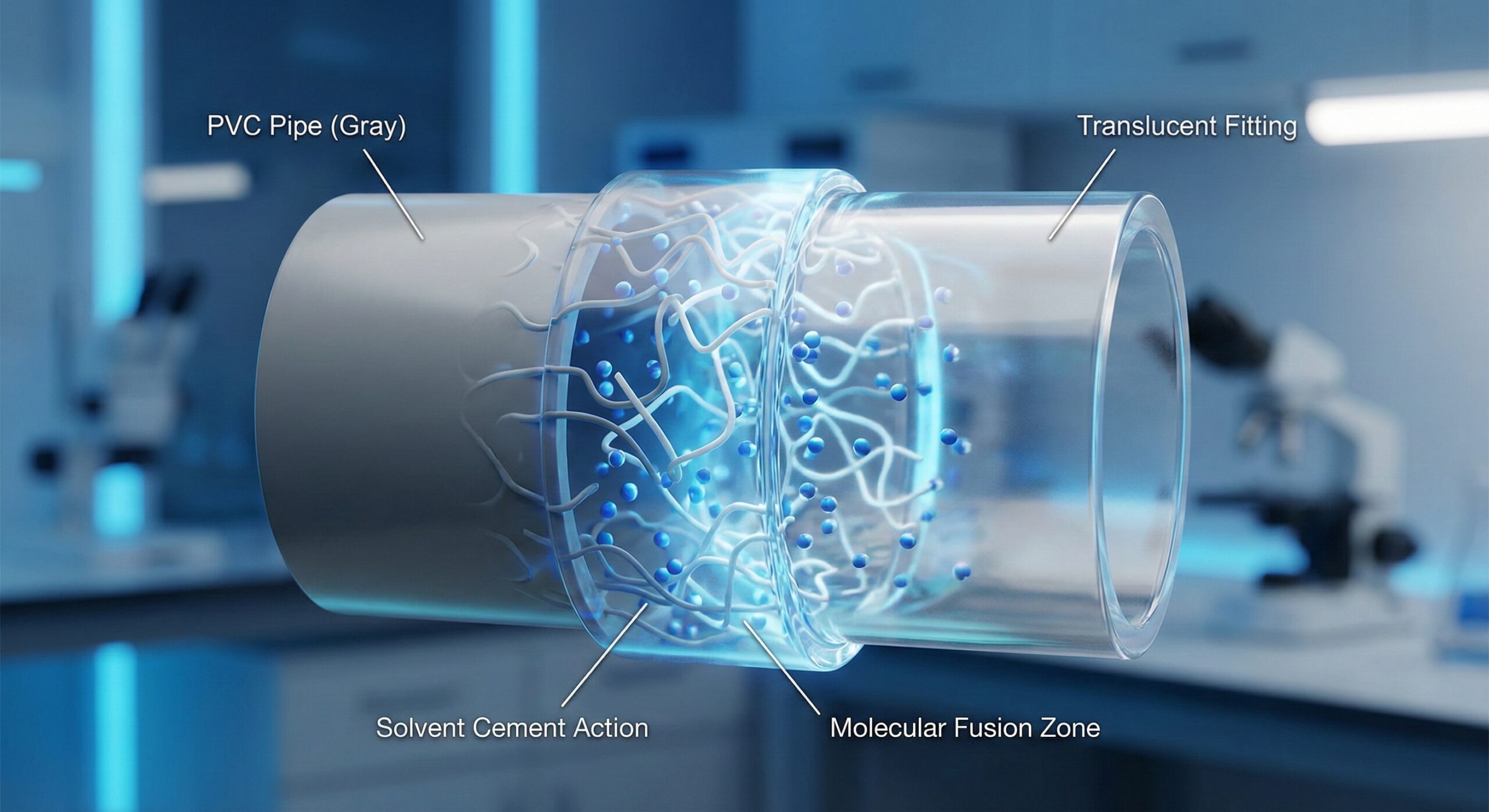 塩ビ管と継手が溶解して一体化している科学的イメージ