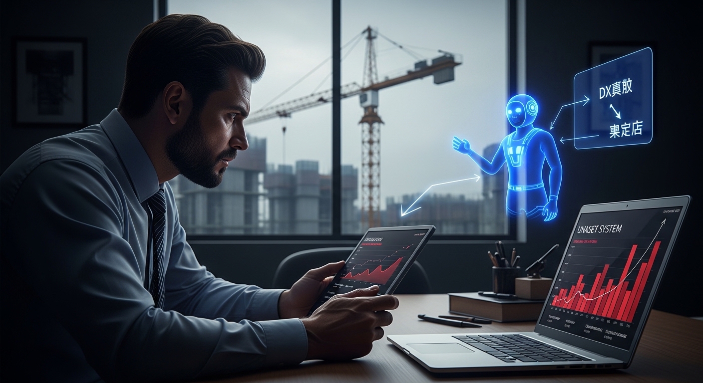 建設DX失敗を見つめる経営者とAIアシスタントのホログラム