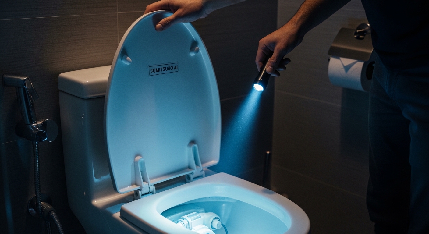旅先のトイレタンクを点検する男性の手元