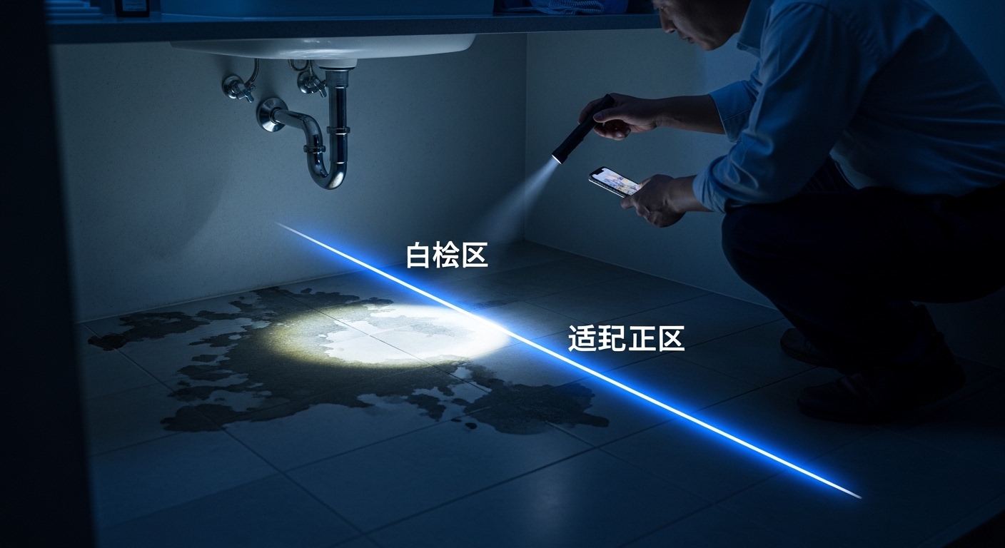 マンション排水トラブルで配管を確認する区分所有者と責任分界のホログラム