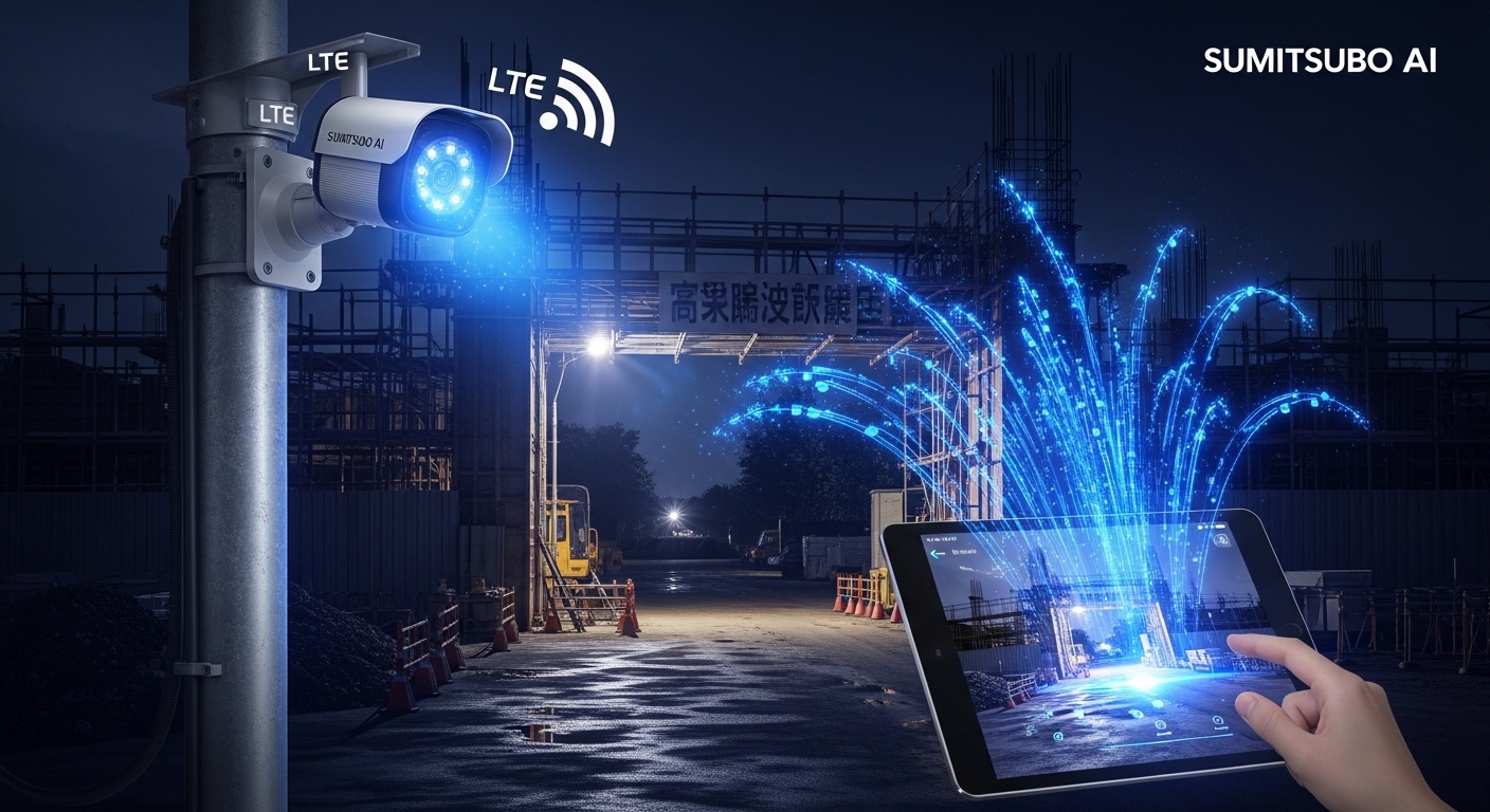 夜間の仮設現場に設置されたLTE対応監視カメラとタブレット映像